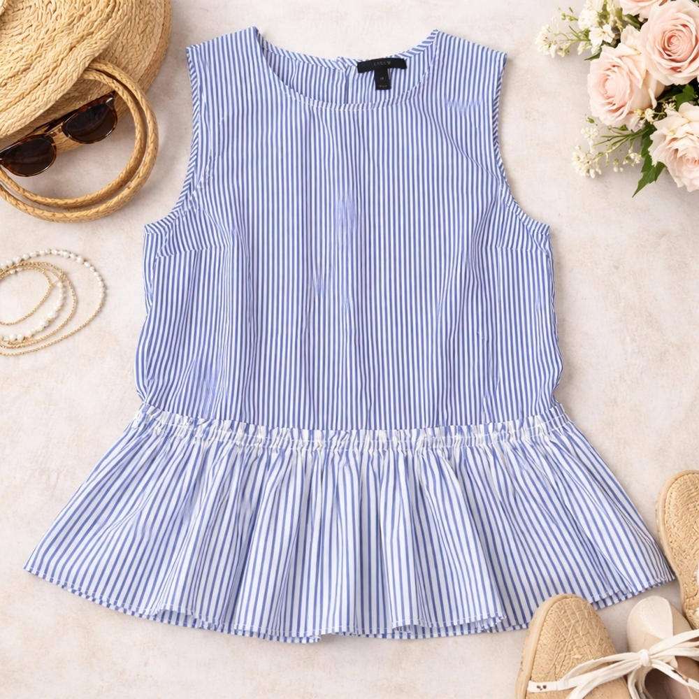 J.Crew Blue Stripe Peplum Top XS | Coastal Mom Style Matching Set Vibe - Picture 2 of 6